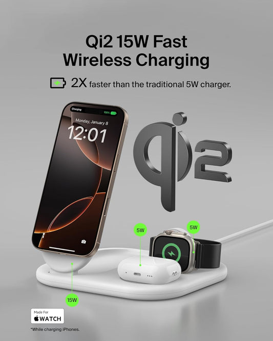 Belkin 3-in-1 MagSafe-Compatible iPhone Charger - Foldable Magnetic Qi2 Certified, MagSafe Charging Station for Phone, Apple Watch, AirPods - Wireless for Multiple Devices