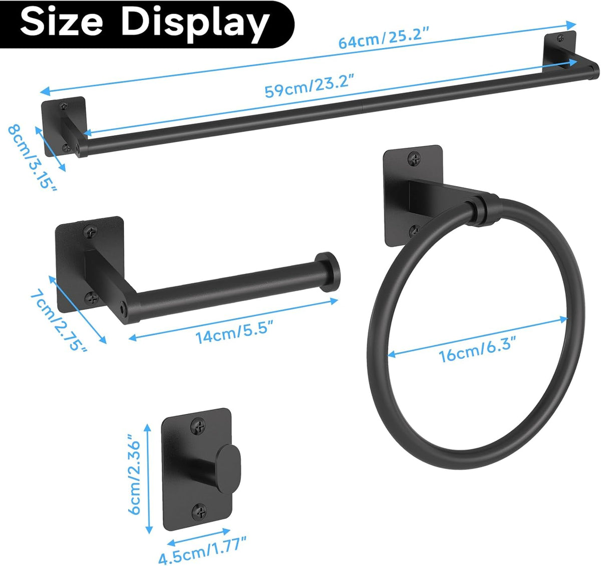 Matte Black Bathroom Accessories Set, KLJKPA 4 Pieces Bathroom Hardware Set, 24 inch Towel Bar, Towel Racks for Bathroom, Robe Towel Hooks, Toilet Paper Holder Wall Mounted