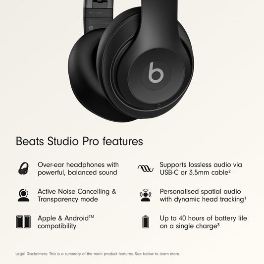 Beats Studio Pro Premium Wireless Over-Ear Headphones- Up to 40-Hour Battery Life, Active Noise Cancelling, Great for Travel & Commuting, USB-C Lossless Audio, Apple & Android Compatible -Black