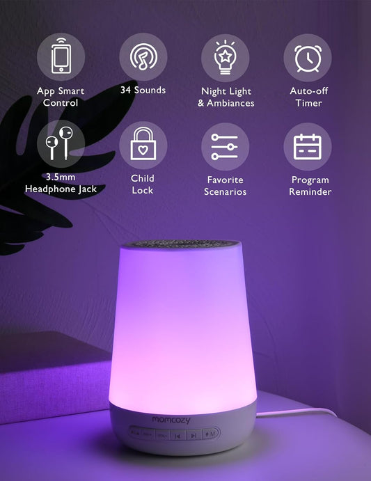 Baby Sound Machine, Momcozy White Noise Machine for Baby Sleeping with Night Light, Toddler Sleep Trainer 34 Soothing Sleep Sounds, Timer, App Remote Control, Personal Sleep Routine Alarm Clock(Blue)