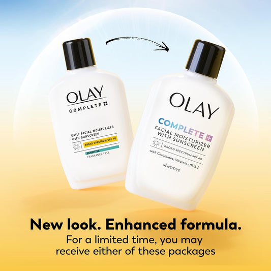 Olay Complete+ Face Moisturizer with Sunscreen SPF 40, For Sensitive Skin, Broad Spectrum Sun Protection, Fragrence-Free - No White Cast on All Tones, Nourishes Moisture Barrier - Ceramides, 6 Oz