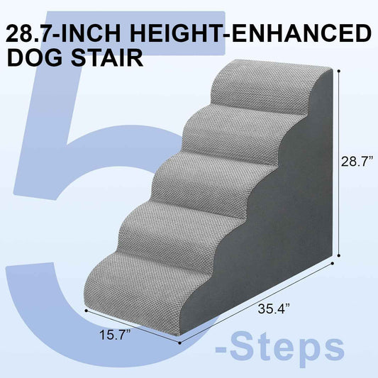 Dog Stairs for Bed 28.7”H, 5-Step Dog Ramp, Non-Slip Sturdy Pet Steps for Small Dogs & Cats to get on High Bed or Couches, Grey
