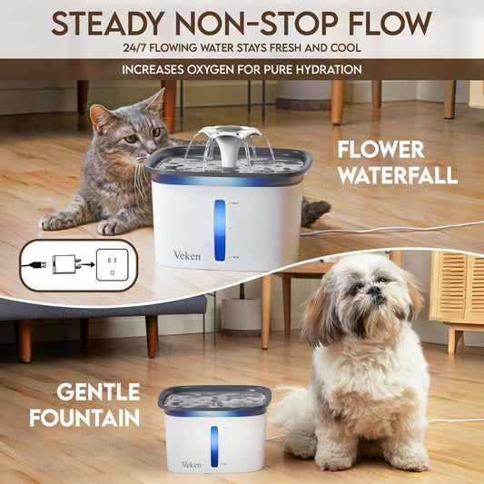 Veken Innovation Award Winner 95oz/2.8L Pet Fountain, Automatic Cat Water Fountain Dog Water Dispenser with Replacement Filters, Gifts for Christmas, Cats, Dogs, Multiple Pets (Grey, Plastic)