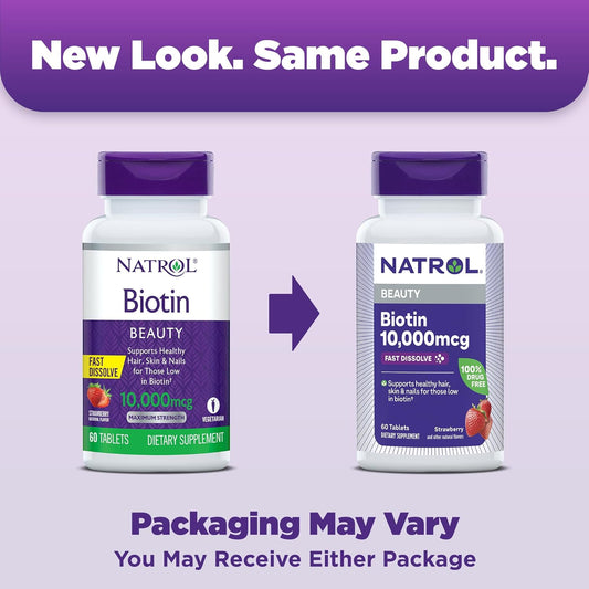 Natrol Biotin 10000mcg, 4X Faster Dissolve Supplement for Healthy Hair, Skin and Nails for Those Low in Biotin, Plus Energy Metabolism Support, 60 Tablets, Up to a 60 Day Supply