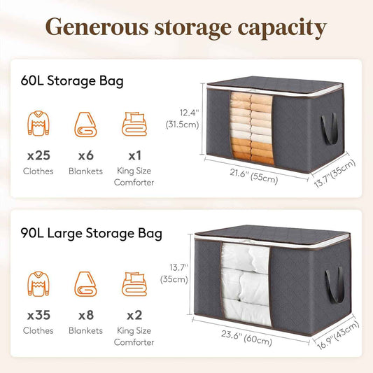 Lifewit 6 Pack Clothes Storage Bins with Lids, Foldable Blanket Storage Bags with Zippers, Clear Window and Reinforced Handles, Closet and Organization for Clothing, Sweater, Comforter, Bedding, Gray