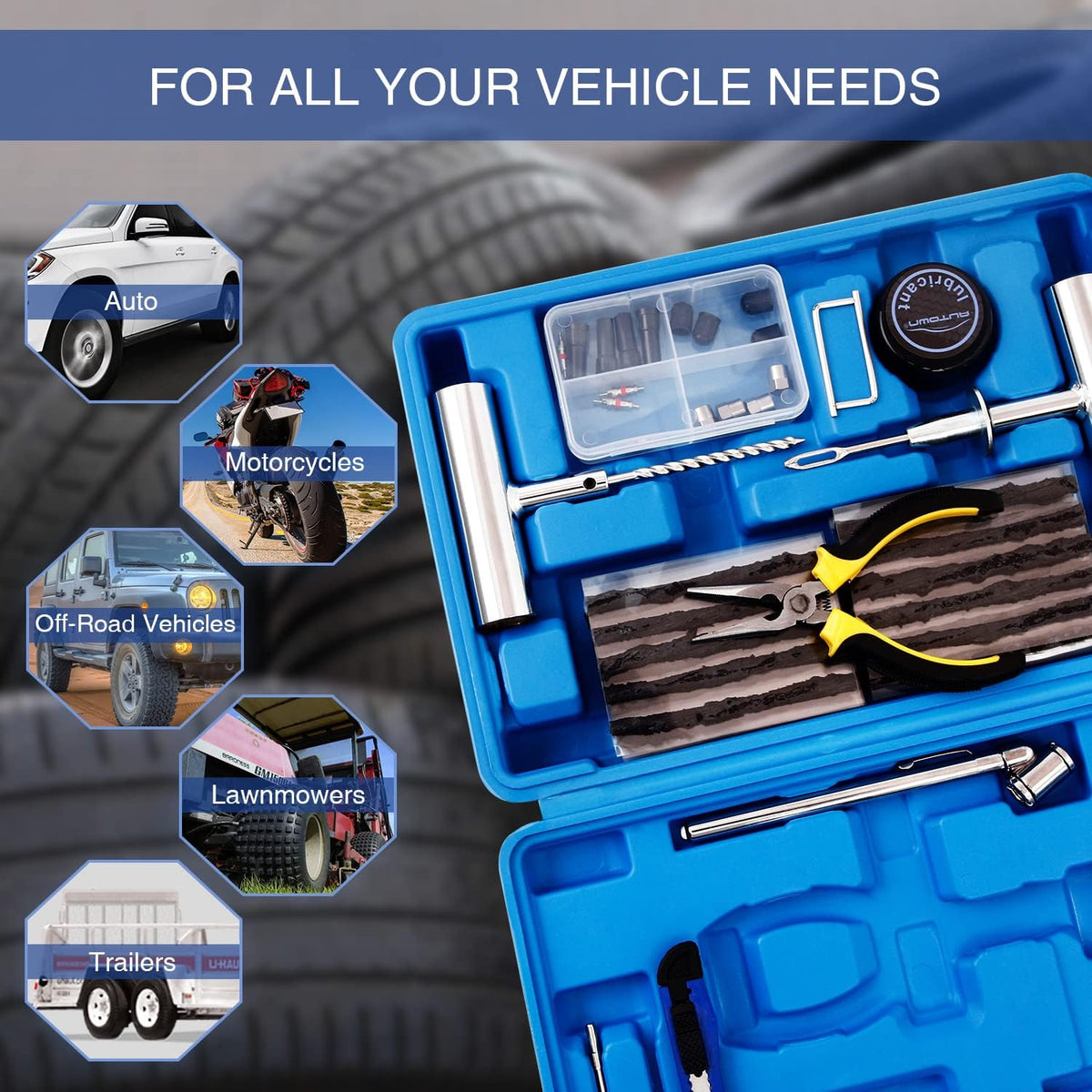 Tire Repair Kit - 68pcs Heavy Duty Tire Plug Kit, Universal Tire Repair Tools to Fix Punctures and Plug Flats Patch Kit for car Motorcycle, Truck, ARB,ATV, Tractor, RV, SUV, Trailer