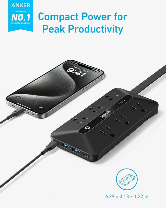 Anker 300J Flat Plug 10-in-1 Ultra Thin Power Strip with 6 AC, 2 USB-A & 2 USB-C Ports, Extension Cord, Desk Charging Station for Home, Office, College, Dorm, 5 Feet, Black