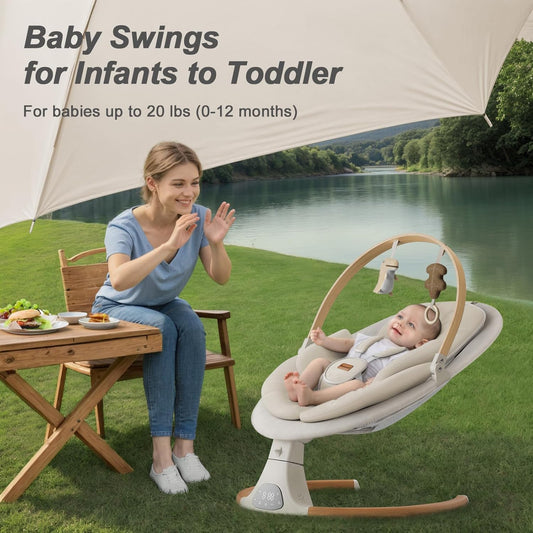 Baby Swings for Infants, Monamii Baby Swing, Infant Swing with 5 Speeds, 10 Lullabies, Electric Swing for Baby, Indoor & Outdoor Use (Beige)
