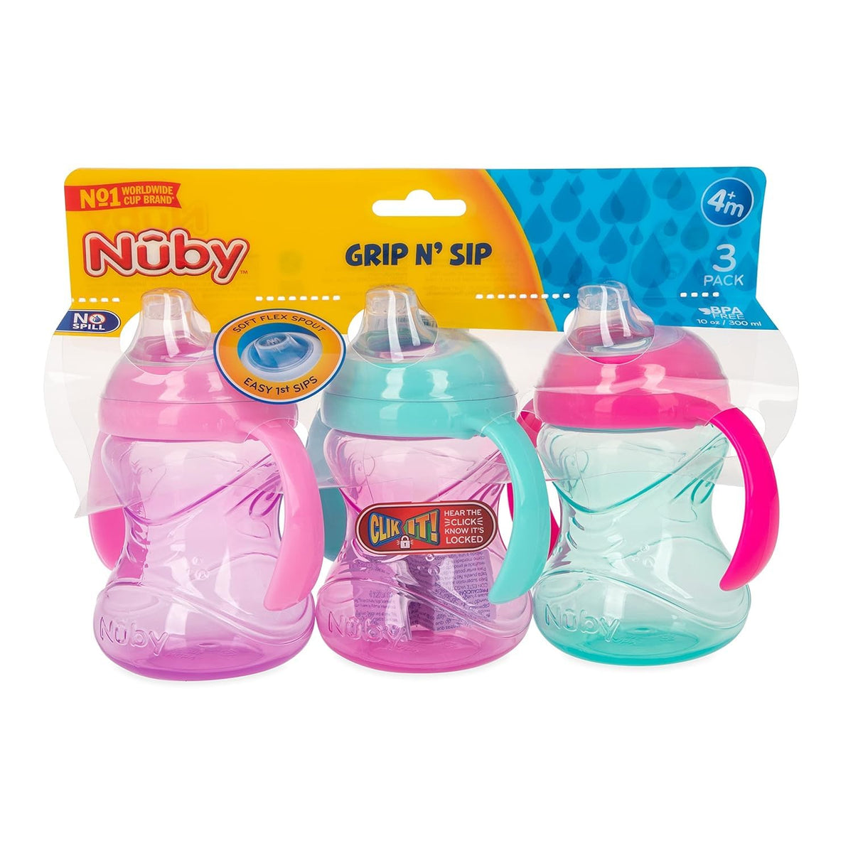 Nuby Clik-It Grip N' Sip Soft Spout No-Spill Training Sippy Cup with Handles - (3-Pack) 10 oz - 4+ Months - Aqua/Purple/Pink