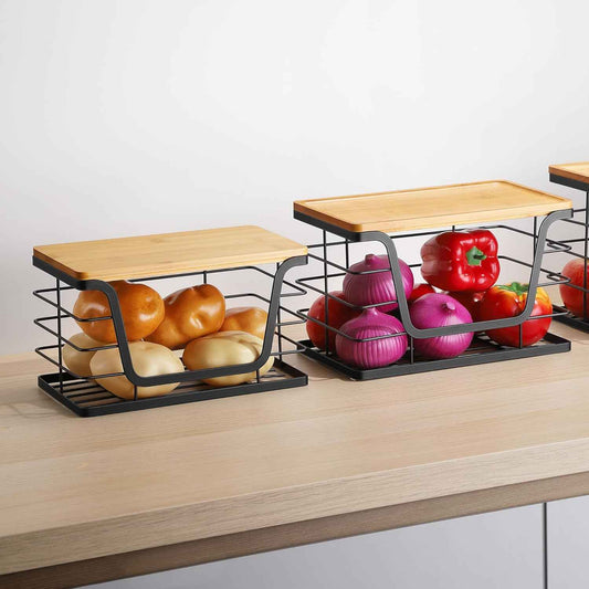 ALOCEO 2 Pack Storage Stackable Kitchen Laundry Organizers with Bamboo Top, Large Trash Bag Holder and Small Garbage Bag Dispenser for Countertop Organization