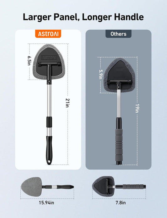 astroAI Windshield Cleaner Tool with Extendable Handle and 4 Reusable Microfiber Pads for Car Interior Detailing Cleaning Kit, Gray, 15.9-21in
