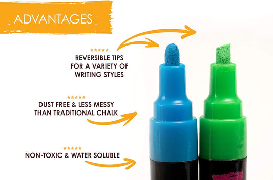 Bandle B. Chalk Markers - 8 Vibrant, Erasable, Non-Toxic, Water-Based, Reversible Tips. For Glass or Chalkboard Markers for Businesses, Restaurants, Liquid Drawing Chalk (Vibrant 6mm)