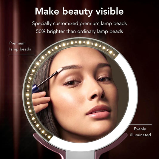 LitBear Travel Makeup Mirror with Lights, Rechargeable Double-Sided 10X/1X Magnifying Mirror, Portable Lighted Beauty Mirror, 3 Color Lighting, Dimmable Touch Screen, Tabletop Handhold Hanging (White)
