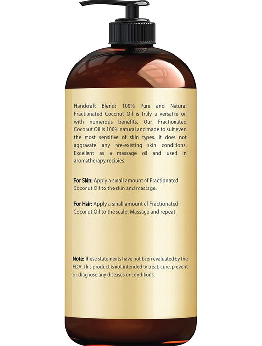 Handcraft Blends Fractionated Coconut Oil - 16 Fl Oz - 100% Pure and Natural - Premium Grade Carrier Oil for Skin, Hair and Body - Massage - Hair Tonic