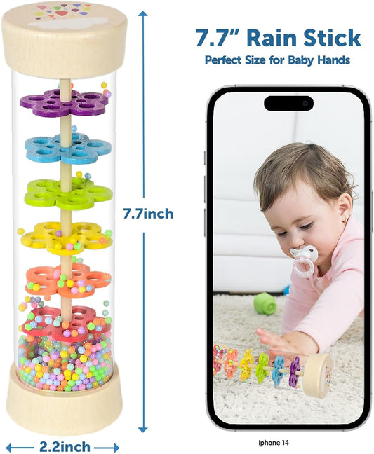 Rain Stick, Montessori Baby Toys for 6-12 Months 1 Year Old, Baby Rattle Wooden Sensory Toys, 7.7” Rainmaker Infant Musical Toy - Gifts for 6 7 8 9 12 Month Old Newborn Boys Girls Toddlers
