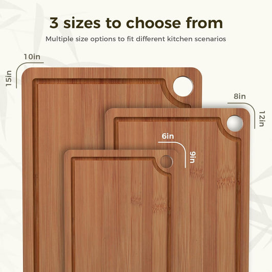 Bamboo Cutting Board for Kitchen, 3-Piece Set with Juice Grooves, Side Handles & Non-Slip Mats – Durable Bamboo Chopping Board for Meat, Vegetables and Fruits