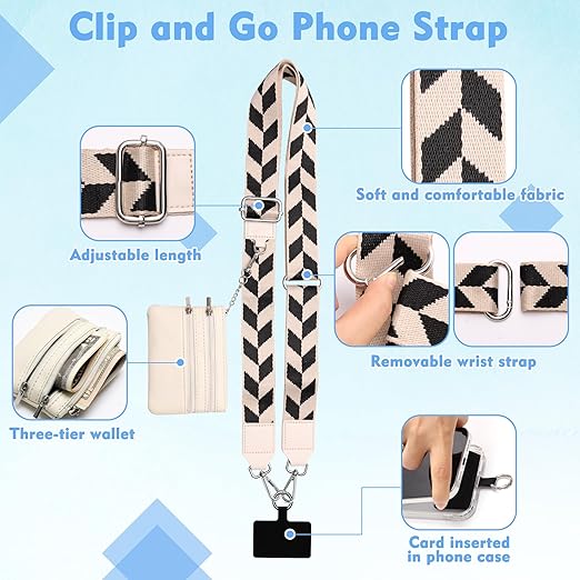 4Pcs Clip and Go Strap for Phone with Wallet Crossbody, Stylish Cell Phone Lanyard with Zippered Pouch, Adjustable Crossbody Phone Strap with 4 Patterns for All Phones