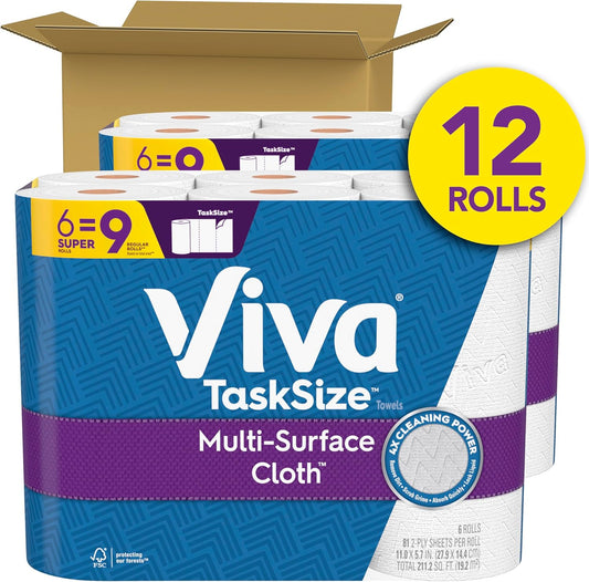 Viva Multi-Surface Cloth Paper Towels, Task Size - 12 Super Rolls (2 Packs of 6) - 81 Sheets Per Roll - Rayz Mart