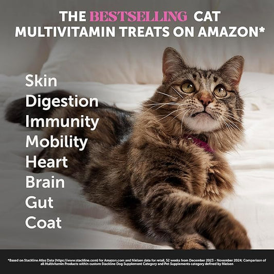 Cat Multivitamin Crunchy & Creamy Chews - Cat Treats for Health + Immune, Joint Support, Skin & Coat, & Digestion - Vitamins with Omega 3s, Lysine & Probiotics (30 Day Supply)