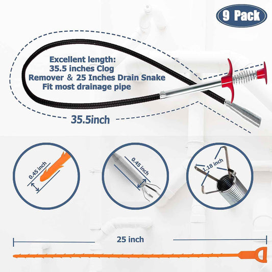 35.5inch Drain Clog Remover(1pcs), 25inch Drain Snake Hair Remover(6pcs) & Cleaning Brush(2pcs), Hair Catcher Drain Auger Cleaner Tool Set For Toilet, Kitchen Sink, Bathroom Tub, Sewer, 9 Pack