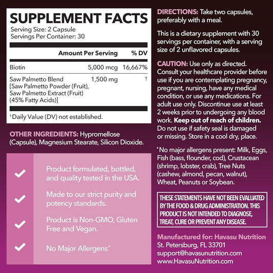 Saw Palmetto for Women with Biotin 5000mcg - Powerful DHT Blocker to Support Hair, Skin, and Nail Health - 60 Count - Vegan, Non-GMO Vitamin for Stronger, Fuller Looking Locks - 1 Month Supply
