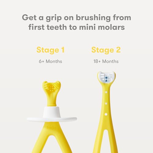 Frida Baby Grow-with-Me Training Toothbrush Set for infants and toddlers 6-18 months, BPA-Free, Soft Silicone Bristles, Yellow