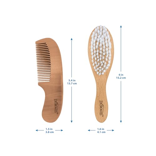 Dr. Brown's Soft and Safe Baby Brush + Comb for gentle hair care and cradle cap prevention, soft bristles, durable wood