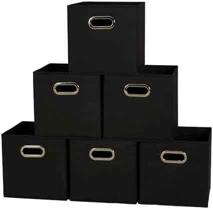 Household Essentials Foldable Fabric Storage Bins 6 Piece Set, Strong Poly-Woven Fabric, Sturdy Chipboard Sides, Grommet Front Handle, Stackable and Foldable, Classic Design, Black