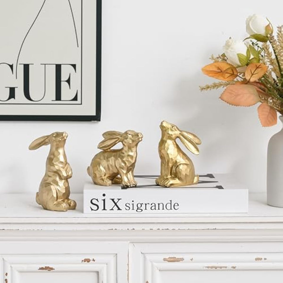 AOMOONOA Resin Gold Easter Bunny Decor Set of 3 Small Rabbit Figurines Antique Gold Finish