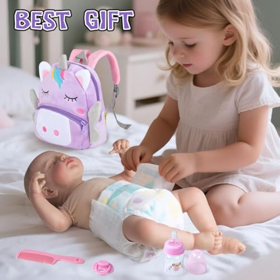 10 Pcs Reborn Baby Doll Diaper Bag Care and Feeding Set for 17-24 inches Reborn Dolls Newborn Baby Accessories with Unicorn Backpack Diapers Pacifier Bottle Comb