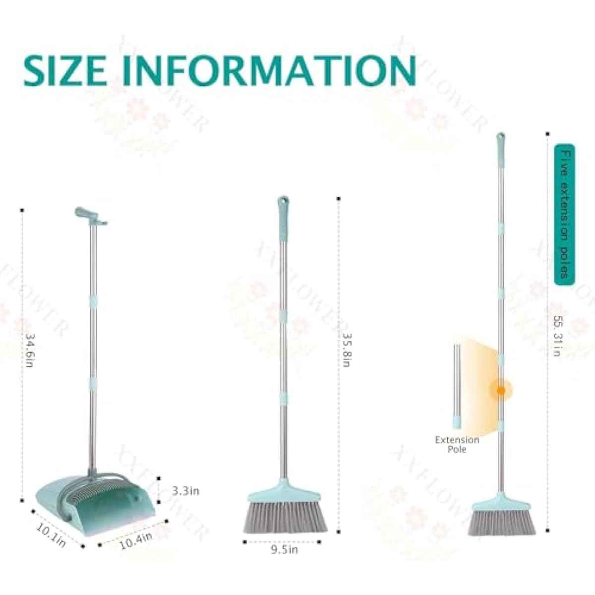 XXXFLOWER Broom and Dustpan Set with Cleaning Teeth, 55" Long Handle Indoor Sweeping Combo for Home Office Kitchen, Bluish Green