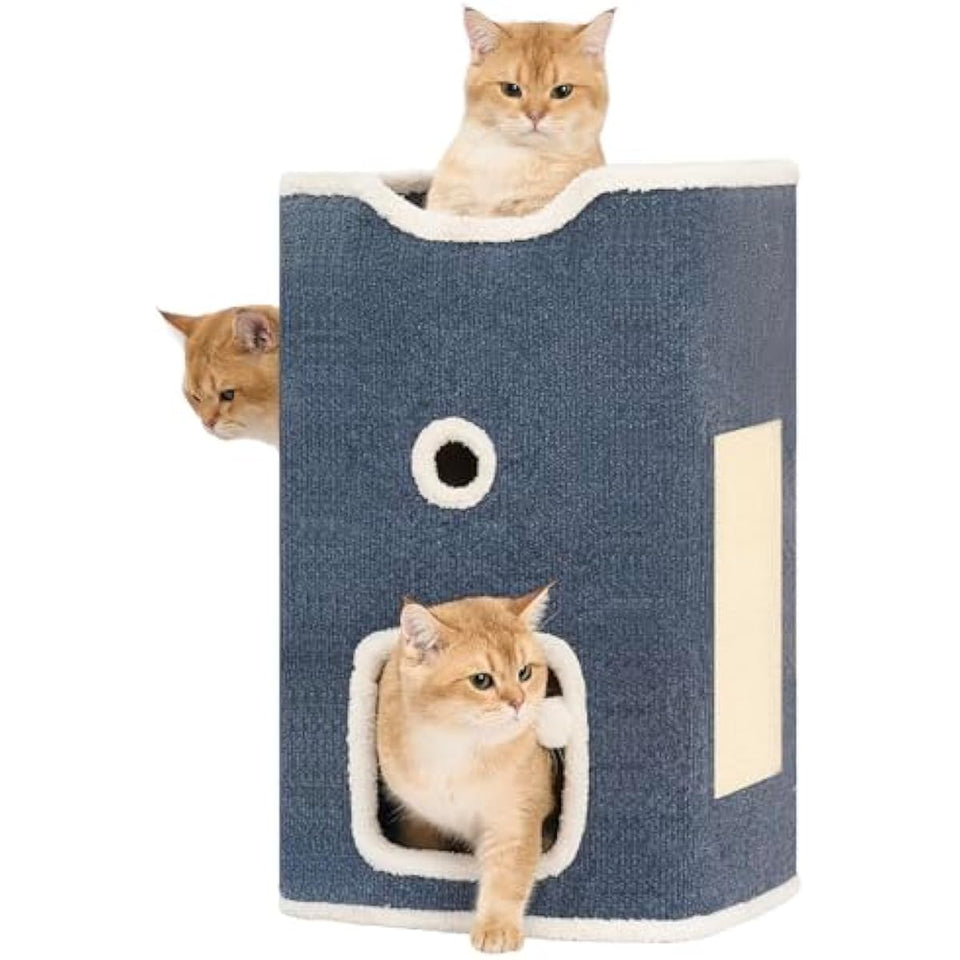 Cat House, 2-Story Cat Condo Cube with Scratch Pad, Fluffy Ball, and Multi-Level Hideout for Multiple Cats