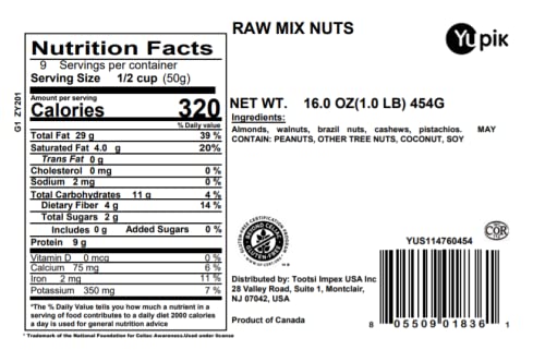 Yupik raw mix nuts, 1 lb, natural mixed nuts with almonds, walnuts, pistachios, cashews, and Brazil nuts, healthy snack, brown