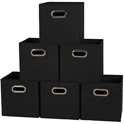 Household Essentials Foldable Fabric Storage Bins 6 Piece Set, Strong Poly-Woven Fabric, Sturdy Chipboard Sides, Grommet Front Handle, Stackable and Foldable, Classic Design, Black