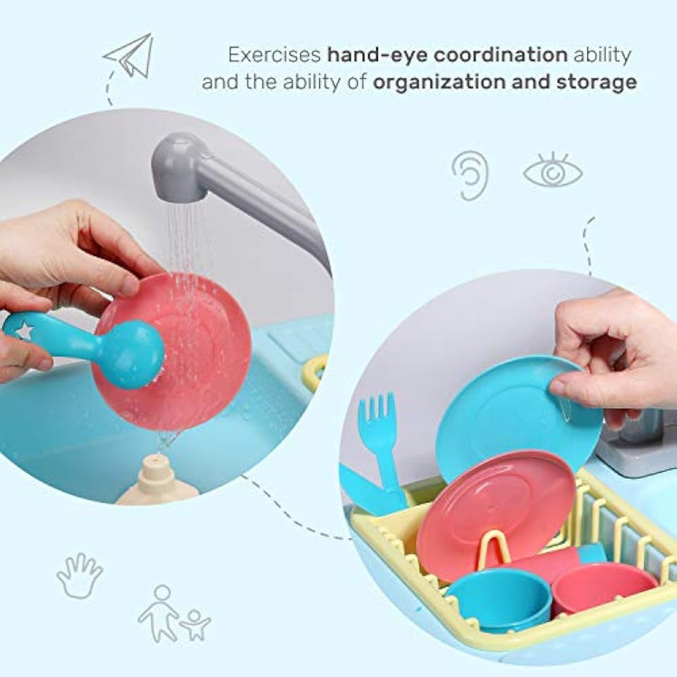 Cute Stone Color Changing Kitchen Sink Toy for Kids, Electric Dishwasher Play Set with Running Water and Faucet