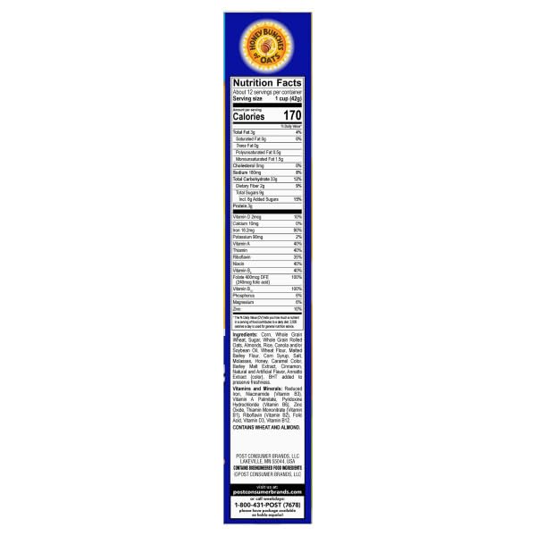 Post honey bunches of oats with almonds breakfast cereal, 18 oz family size box, whole grains, vitamins and minerals