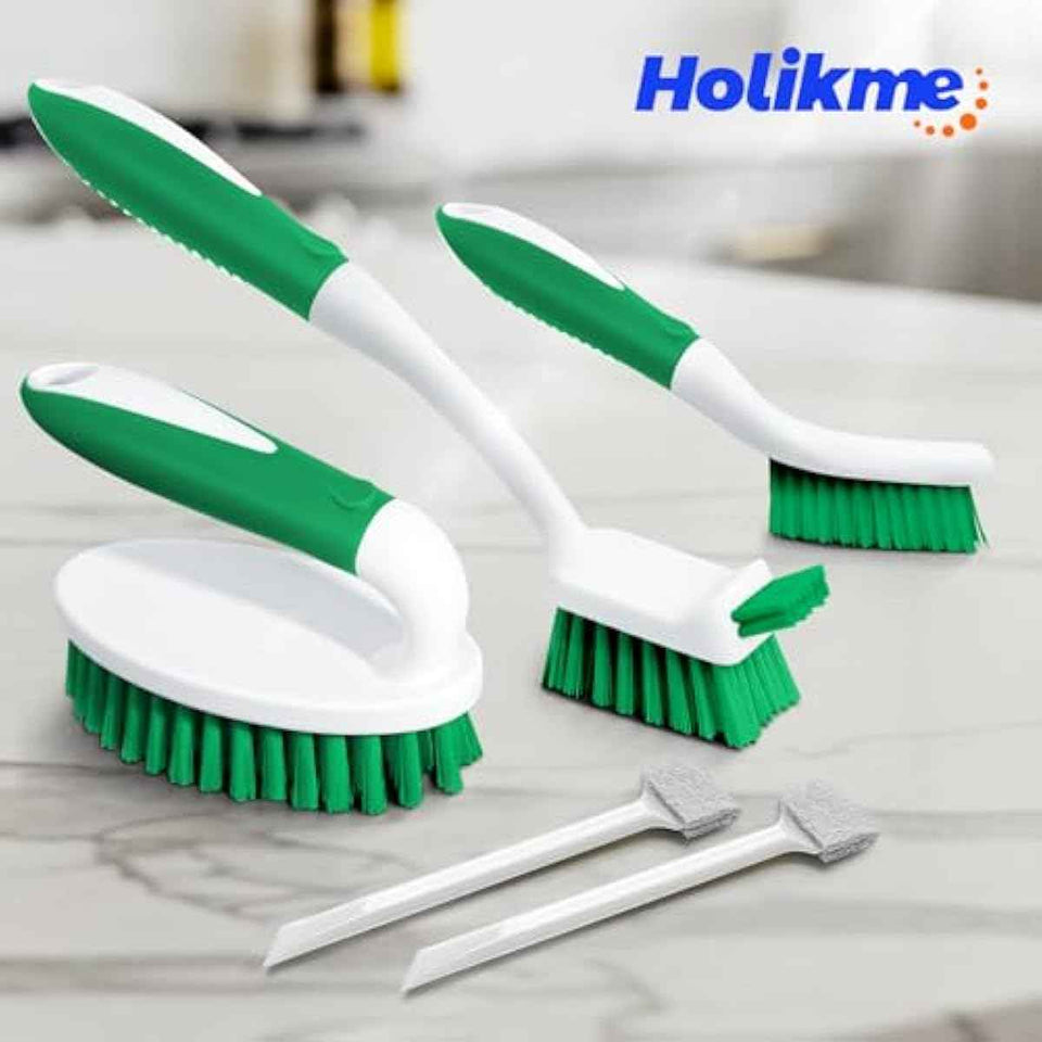 Holikme Cleaning Brush Set for Household Use, Scrub Brush, Kitchen Brush, Tile Lines Brush for Bathroom, Floor, Tub, Shower and Kitchen Surface (Green)
