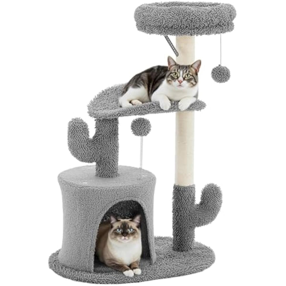 grey 33 inch multi-level cat tree tower with scratching posts and perches for indoor cats