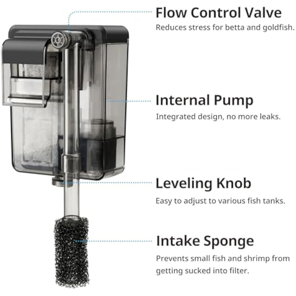 Nicrew Quiet Aquarium HOB Filter for Up to 5 Gallon Aquariums, Adjustable Flow, 42 GPH, 3W