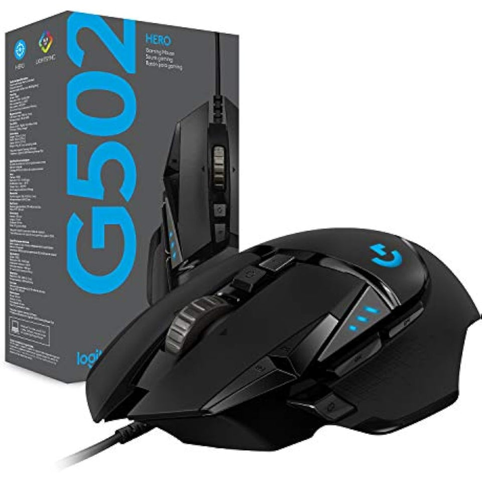 Logitech G502 Hero High Performance Wired Gaming Mouse with Hero 25K Sensor, RGB, Adjustable Weights, 11 Programmable Buttons - Black