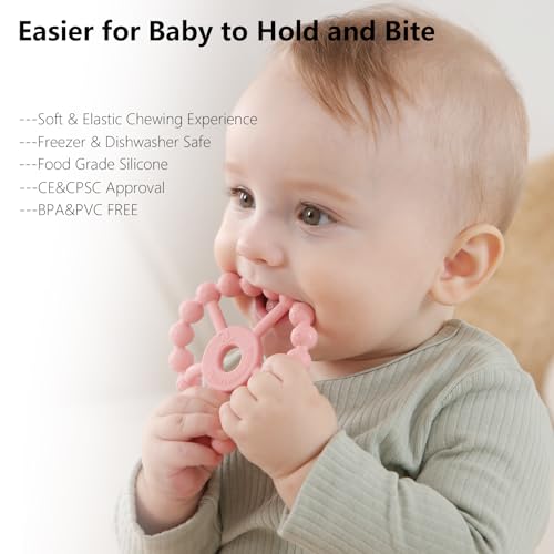 silicone teether ring toys for babies 0-6 months, 3-pack purple pink white