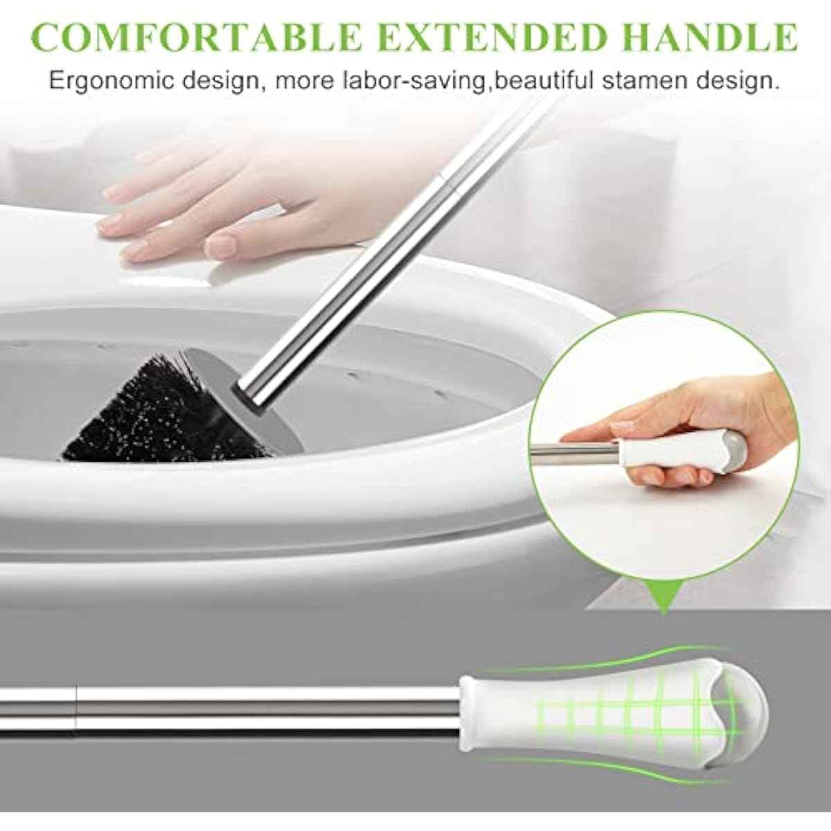 Compact Toilet Brush & Holder, Stainless Steel Handle, Space Saving for Storage, Deep Cleaning, Drip-Proof, Easy to Assemble, Nylon Bristles, White & Grey