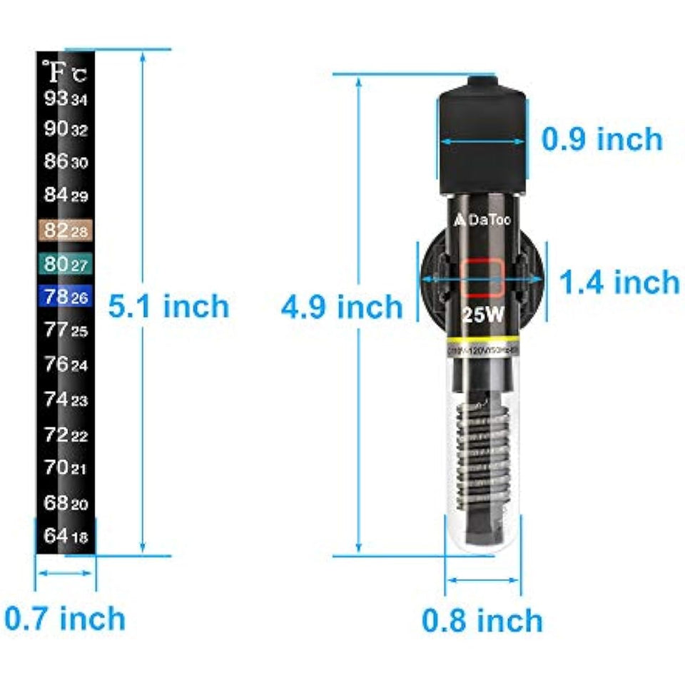 Mini Aquarium Heater 25W for Small Fish Tanks with Thermometer Sticker, Free Setup