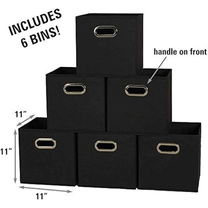 Household Essentials Foldable Fabric Storage Bins 6 Piece Set, Strong Poly-Woven Fabric, Sturdy Chipboard Sides, Grommet Front Handle, Stackable and Foldable, Classic Design, Black