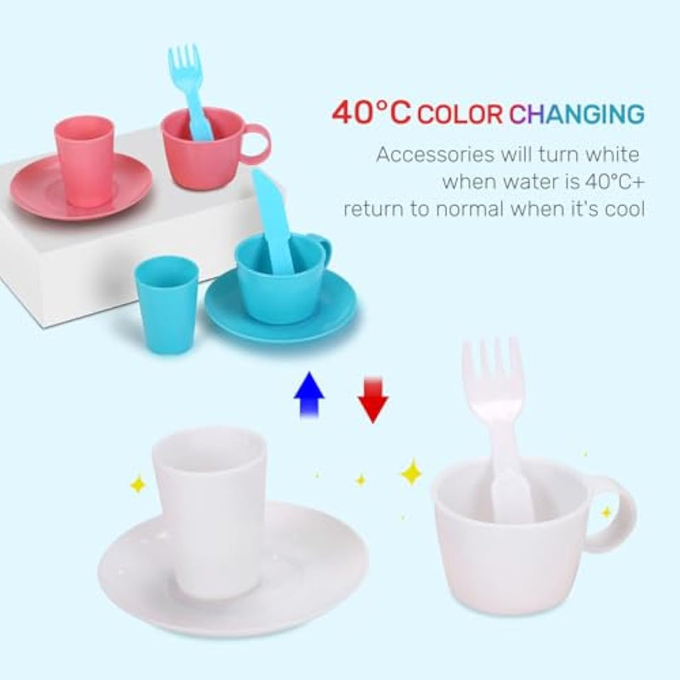 Cute Stone Color Changing Kitchen Sink Toy for Kids, Electric Dishwasher Play Set with Running Water and Faucet