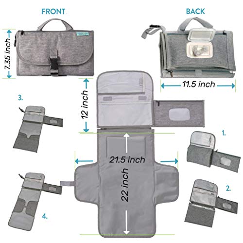 Kopi Baby Portable Diaper Changing Pad - Grey, Classic, 7.35 x 11.5 inches, Foldable, Infant Travel Station Kit, Newborn Gift