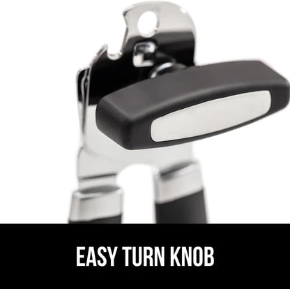 GORILLA GRIP Heavy Duty Stainless Steel Smooth Edge Manual Can Opener, Soft Comfortable Handle, Large Handheld Turn Knob, Built-In Bottle Openers, US Designed, Holiday Prep Kitchen Essential, Black