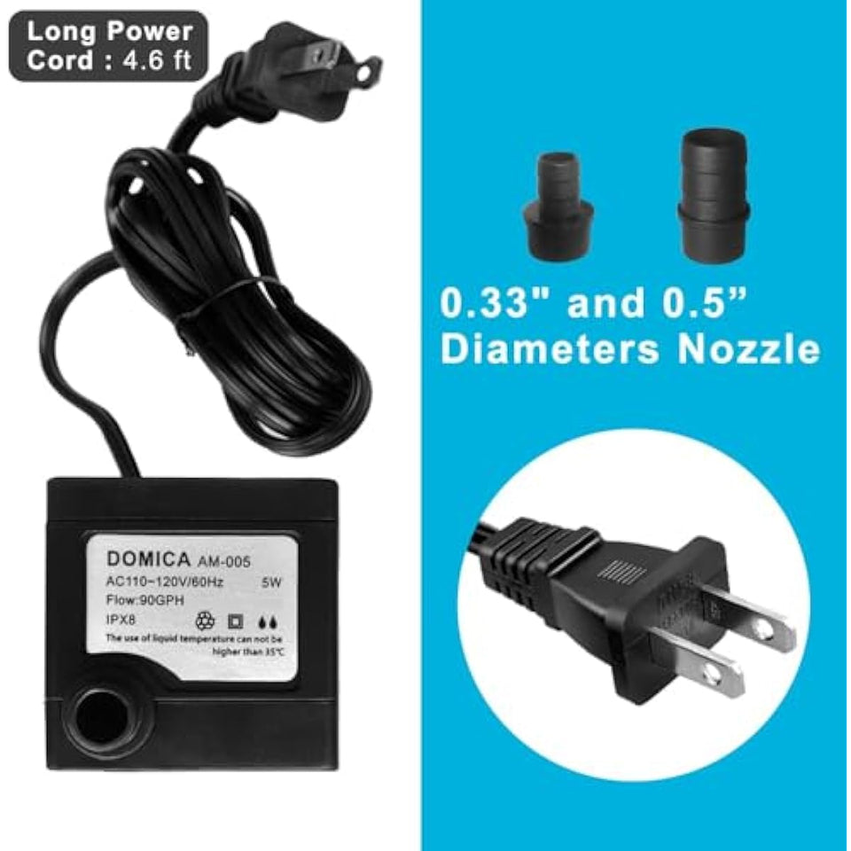90 GPH Mini Submersible Pump, Small Fountain Pump (5W 350L/H) for water feature, Aquariums, Fish Tank, Tabletop Fountain, Pet Fountain, Indoor or Outdoor Pond Fountain