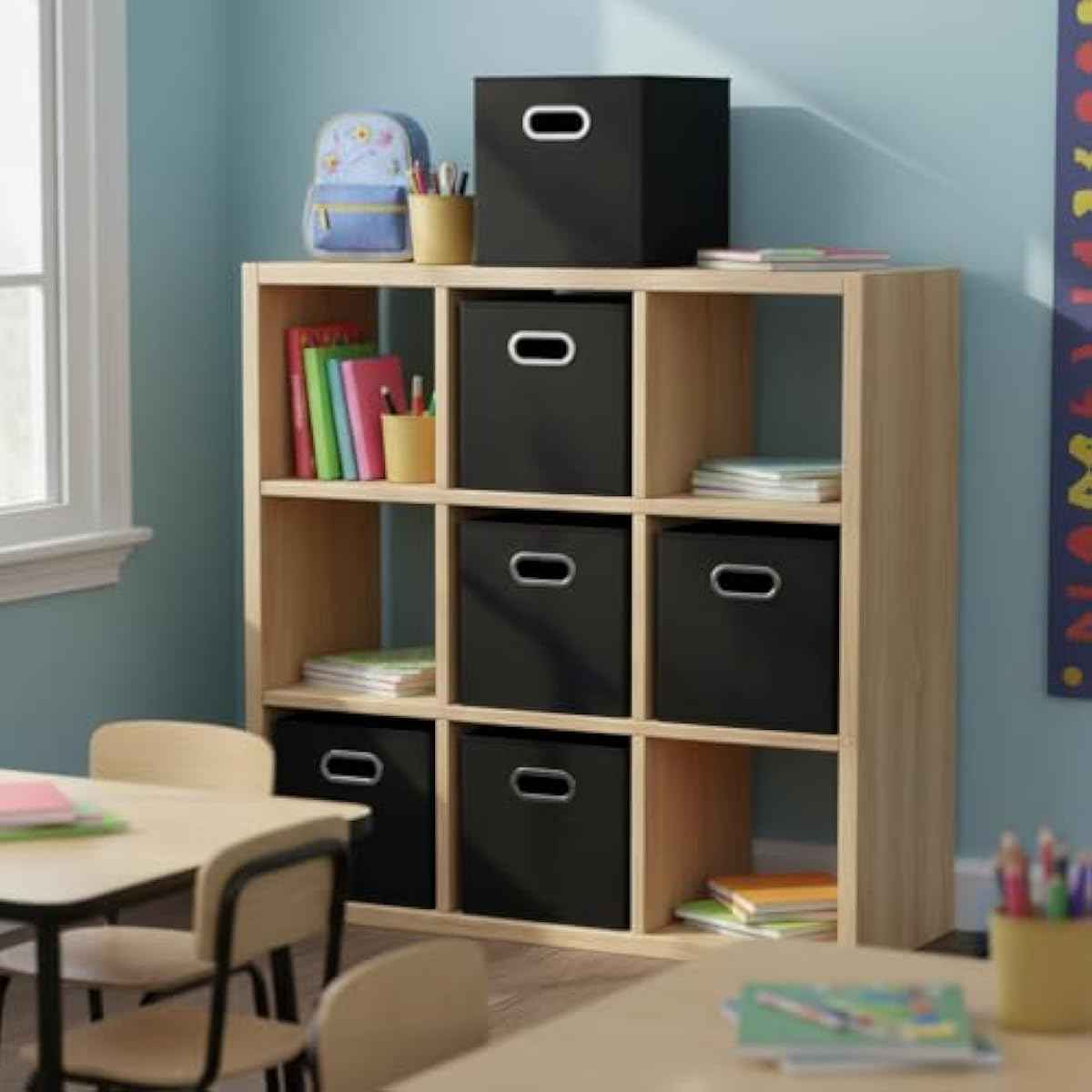 Household Essentials Foldable Fabric Storage Bins 6 Piece Set, Strong Poly-Woven Fabric, Sturdy Chipboard Sides, Grommet Front Handle, Stackable and Foldable, Classic Design, Black