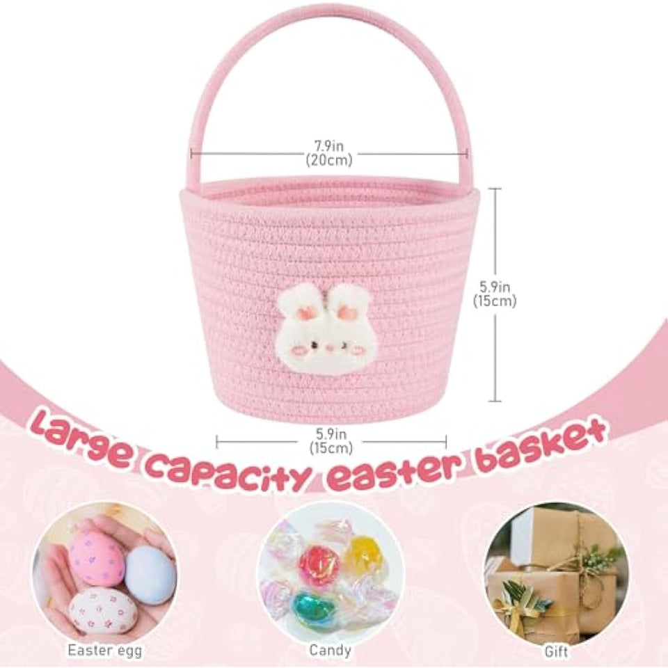 OIAHOMY Easter Basket with Handle, Personalized Bunny Easter Basket for Kids, Woven Rope Gift Empty for Eggs, Baby Treasure Hunt Baskets with Wooden Card for Boys and Girls - Pink